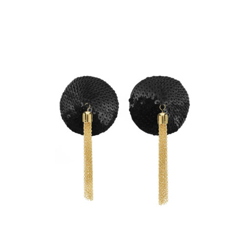 love in leather Round Sequinned Nipple Pasties with Gold Chain Black Gold NIP033BLK 1491603321217 Detail