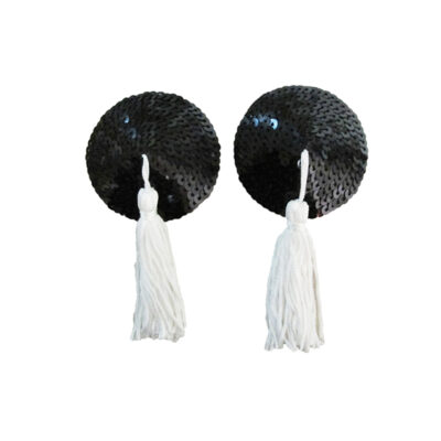 love in leather round sequin nipple pasties with fabric tassels Black White NIP001BW 1491600122305 Detail