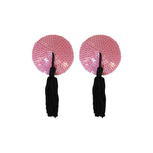 love in leather round sequin nipple pasties with fabric tassels Pink Black NIP001BP 1491600121605 Detail