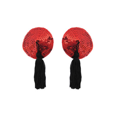 love in leather round sequin nipple pasties with fabric tassels Red Black NIP001RED 1491600118544 Detail