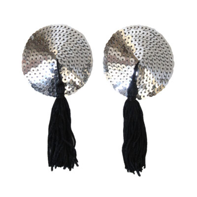 love in leather round sequin nipple pasties with fabric tassels Silver Black NIP001SB 1491600119206 Detail