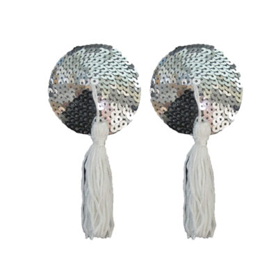 love in leather round sequin nipple pasties with fabric tassels Silver White NIP001SIL 1491600119916 Detail