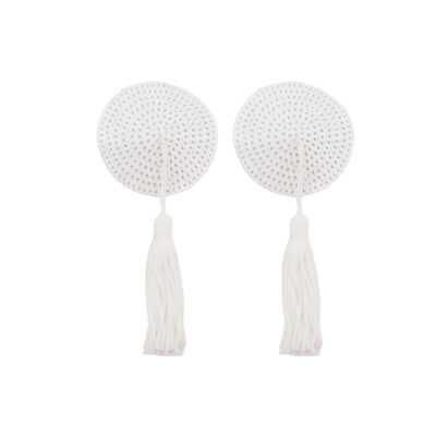 love in leather round sequin nipple pasties with fabric tassels White White NIP001WHT 1491600123821 Detail